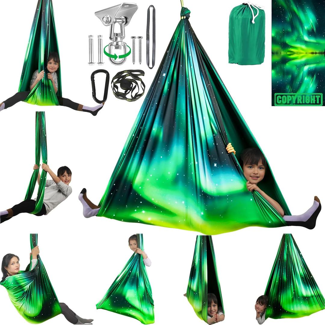 Double Layer Sensory Swing for Kids & Adults Holds up to 300lbs Indoor and Outdoor Therapy Cuddle Swing with 360 Swivel Hanger Kit Adjustable Swing with Aspergers Autism ADHD (Aurora Green)