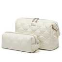 BOYATU Travel Makeup Bag Cosmetic Pouch: 2 Pcs Set Waterproof Vegan Leather Cosmetic Bags for Women - Cute Quilted Skincare Make up Toiletry Bag for Girl (05-White)