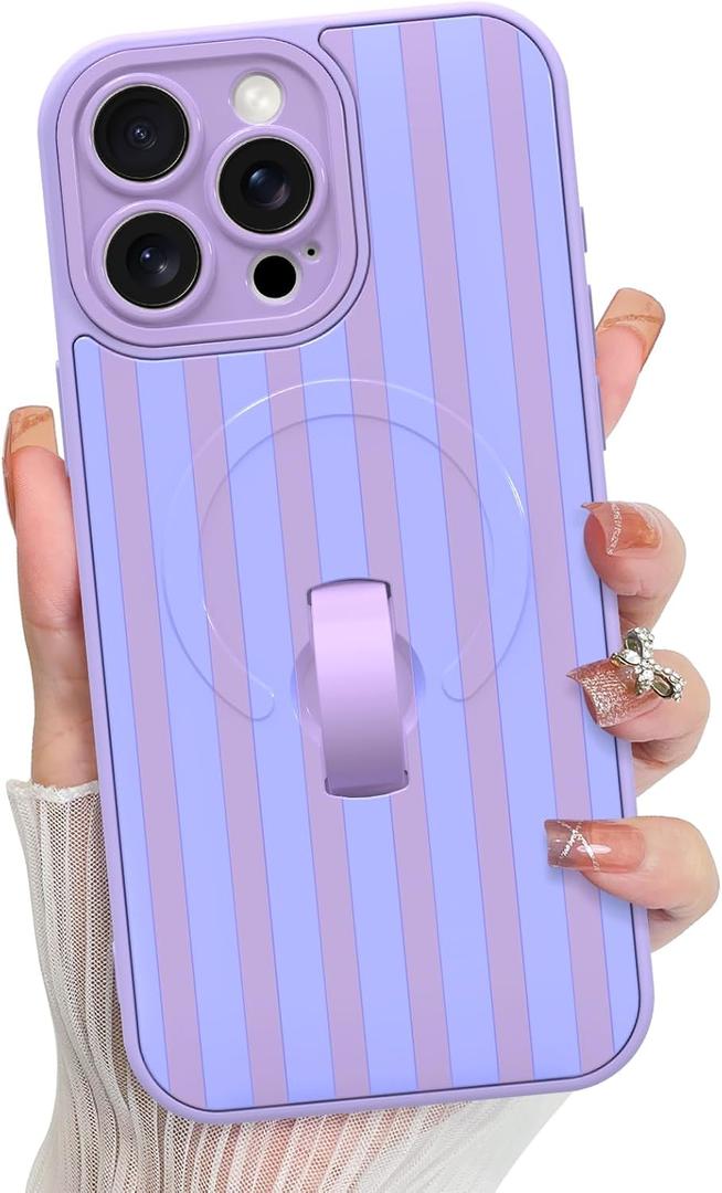 KANGHAR Compatible with iPhone 15 Pro Case, Support for MagSafe, Silicone Stripes Cute Pattern, Wristband Kickstand Camera Protection Soft Slim Cover for Girls Women -Purple