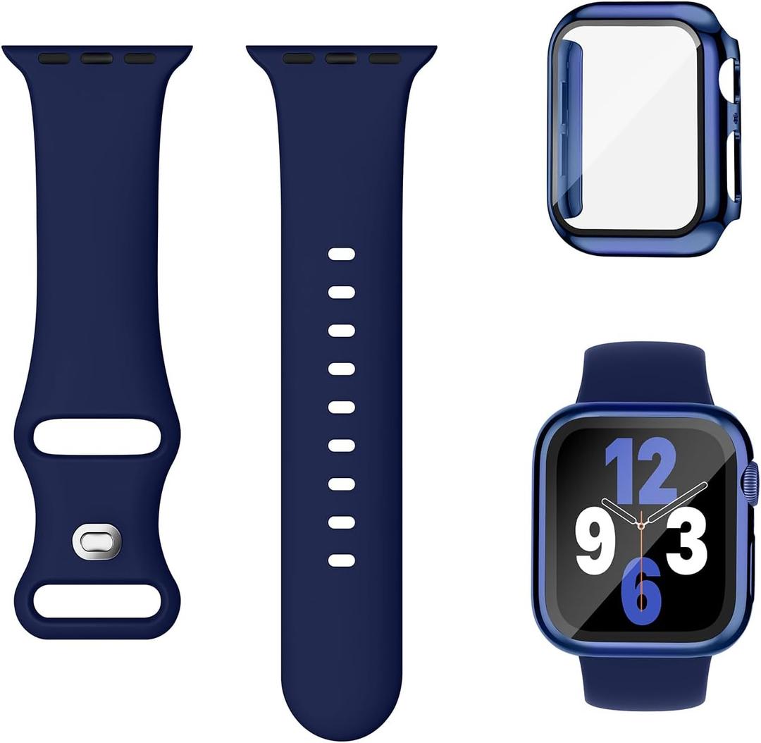 Compatible for Apple Watch Bands 40mm 41mm 44mm 45mm 42mm 46mm with Screen Protector Case Women, Silicone Strap Bling Diamond Protective Cover Tempered Glass for iWatch Series 10 9 8 7 6 5 4 3 11 SE (Midnight Blue)