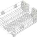 Simple Houseware White Dish Drying Rack with Drainboard, Utensil Holder & Mug Hooks Metal Kitchen Counter Organizer