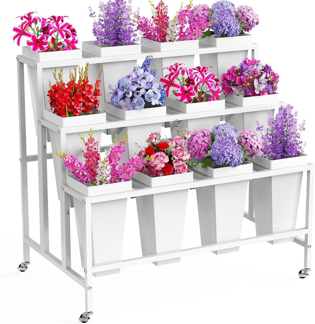 Asee'm Flower Display Stand With 12PCS Buckets 3 Tier Flower Cart Display Stand with Wheels Heavy Duty Moving Metal Plant Stand Flower Bar Flower Rack for Florist Indoor Outdoor Patio Garden White