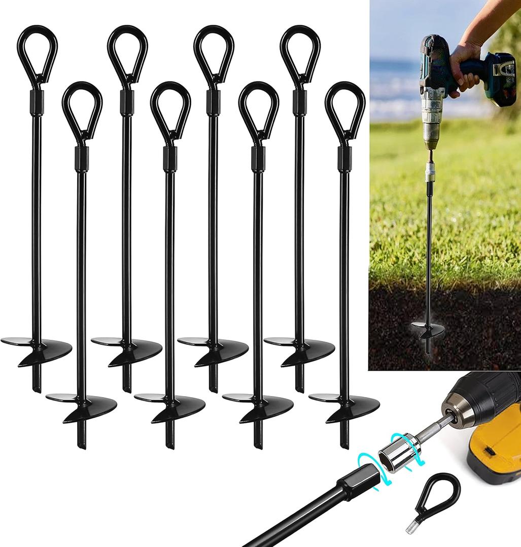 VASGOR 15 Ground Anchors (8pcs) Easy to Use with Drill, 3" Helix Diameter, Heavy Duty Anchor Hook for Camping Tent, Canopies, Car Ports, Sheds, Swing Sets, Securing Animals  Black Powder Coated (8)