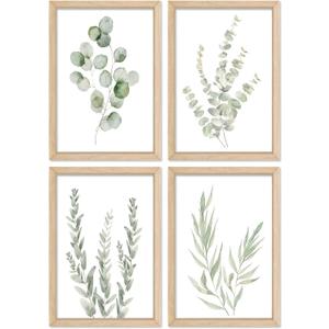 YWJKWLGS Botanical Watercolor Prints Sign Sage Green Eucalyptus Wall Decor 11x16 Inch Set of 4 Minimalist Wood Framed for Bathroom Laundry Room Office Wall Hanging Art (Wood)