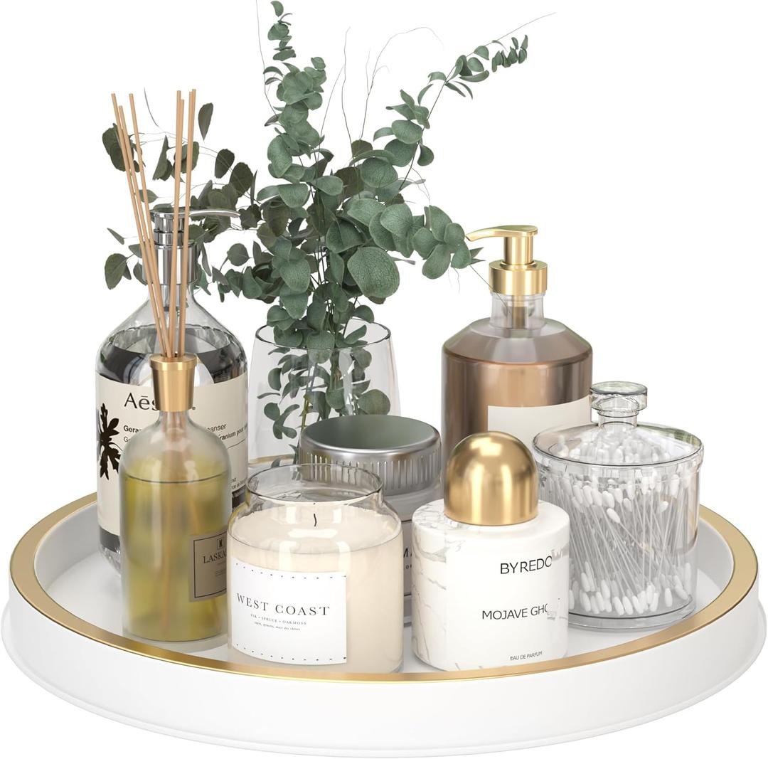 HGF Bathroom Tray for Sponge Soap, 12 Inch Lightweight Metal Round Decorative Tray for Kitchen Sink Centerpiece Countertop Organizer, Perfume Candle Vanity Trays for Bathroom Decor, White Brushed Gold