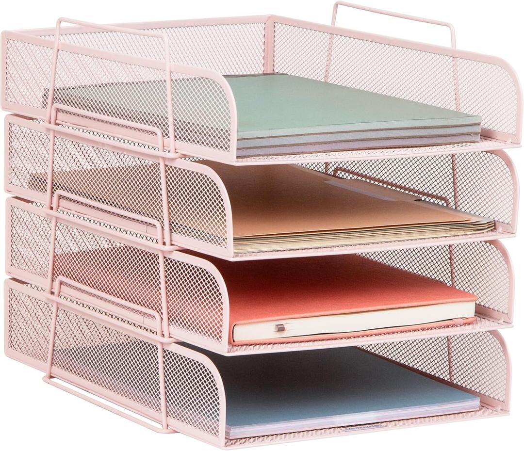 Mind Reader Stackable Paper Tray, Desktop Organizer, File Storage, Office, Metal Mesh, 10.5" L x 13.5" W x 11.25" H, 4 Pcs., Pink