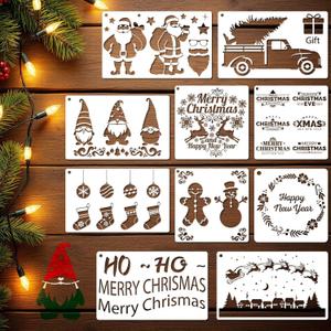 YKW 10 Pcs Large Christmas Stencils Set - Reusable 14.1x8.6 Inch Holiday Templates for Painting on Wood, Porch Signs, Walls & Canvas - Snowman, Tree, Reindeer Designs - DIY Home Decor Tool