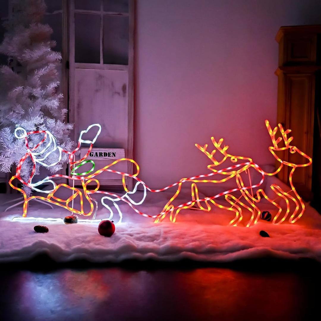 315 LED Santa Sleigh and Reindeer Lights, Christmas Lighted Neon Sign, Lighted Christmas Decorations for Outdoor Indoor Lawns Home Garden House Balcony Xmas Yard Decorations