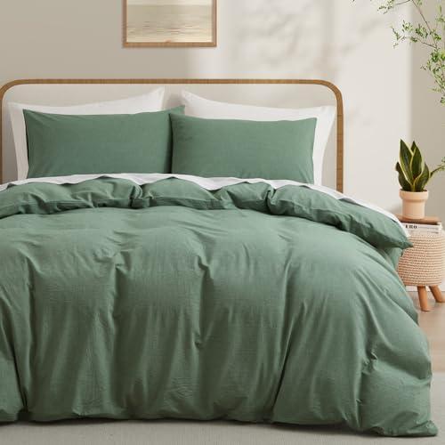 LOVQUE Duvet Cover Full Size, 100% Washed Cotton Linen Like Bedding Set with Zipper Closure (No Comforter), 80x90 Inches, Mint Green