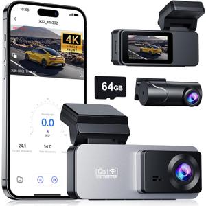 Eassky Dash Cam Front and Rear, 4K Front Dash Cam, 3K+1080P Dual Dash Camera for Cars, Built-in WiFi, Car Dashcams with Night Vision, Free 64GB Card, 24H Parking Mode, App Control, Silvery
