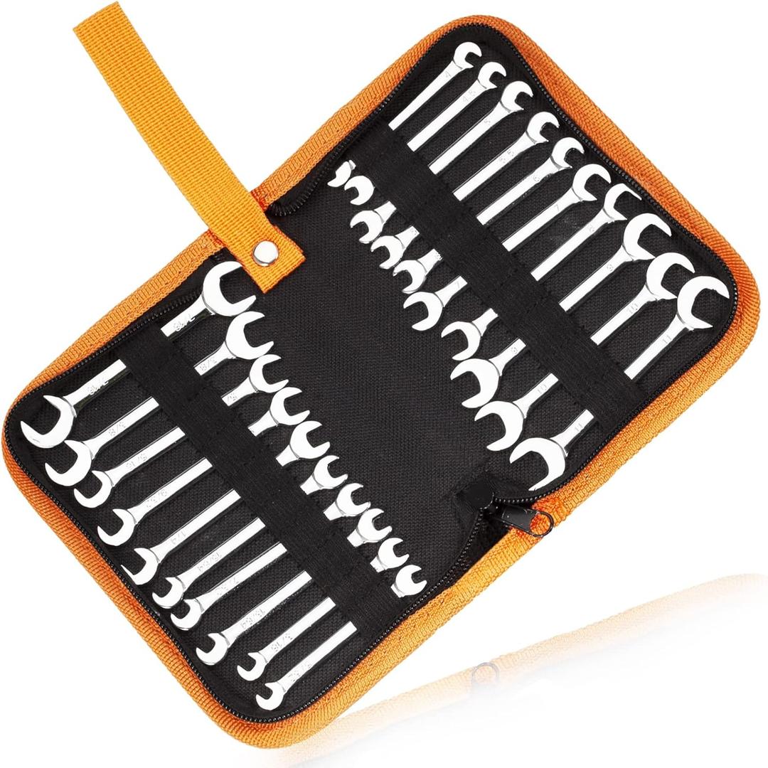 Mini Double Open End Wrench Set Metric and SAE 20 Pcs 4-11mm & 5/32" to 7/16" Mirror Chrome Finish Super Thin Open Ended Spanner Double Angle Head with Portable Storage Pouches