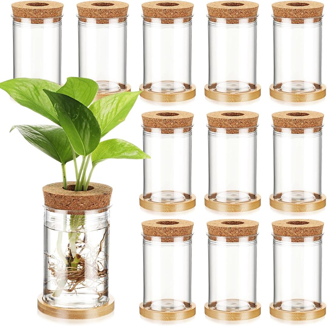 Baderke 12 Packs Plastic Desktop Vase with Hole Lid and Bamboo Stand Plant Propagation Stations Plant Growing in Water Hydroponic Home Office Table Decoration (Classic Style)
