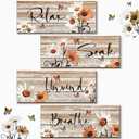 4 Pcs Farmhouse Orange Bathroom Wall Decor Orange Daisy Floral Flowers and Butterfly Wall Art Relax Soak Unwind Breathe Rustic Wood Plaque for Kitchen Home Bedroom(10 x 4 Inch)
