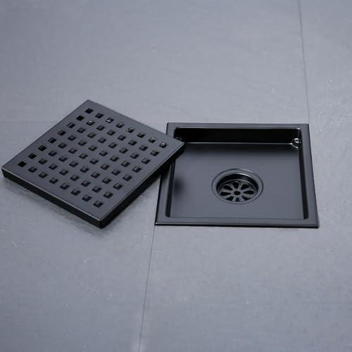 Square Shower Drain 6", SUS 304 Stainless Steel Floor Drain with Grid Drain Cover & Hair Strainer, Matte Black