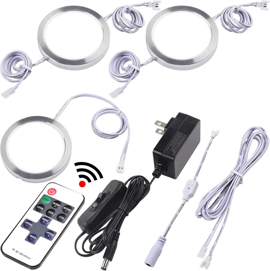 Under Counter Lights, Curio Cabinet LED Puck Lighting, 110V Wall Plugged in, Wireless RF Remote Control Dimmable, Daisy Chained Linkable, Dia 2.4", White Cords, Daylight 6000K, 3 Lights