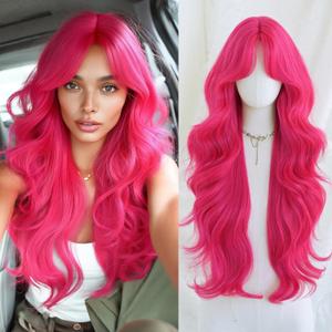 7JHH WIGS 31IN Rose Pink Long Wavy Wig With Bangs for Women,Heat Resistant Fiber Hollween Curly Cosplay Party Wigs for Women Used