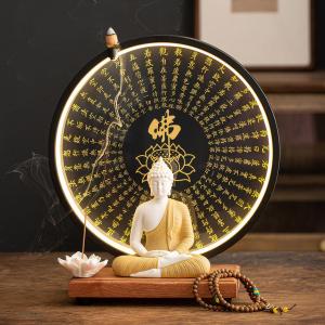 Shakyamuni Buddha Ceramic Statue Indoor Backflow Incense Burner with Led Ring Light Heart Meridian Painting Meditation Decoration for Home and Office, Suitable for Cone and Stick Incense (Bjrlai005)