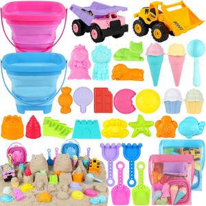 EULRGAUS Beach Toys, 36 PCS Sand Toys with Construction Vehicles, Collapsible Bucket, Princess & Prince and Ice Cream Toys, Sand Castle Building Kit, Beach Shovel, Beach Games for Kids, Boys and Girls