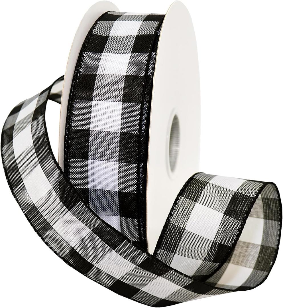 Morex Ribbon 7398.40/50-613 Cambridge 1.5" X 50 YD Wired Ribbon, Black and White, Buffalo Check Plaid Ribbon for Gift Wrapping, Christmas Decorations Indoor Home Decor, Craft Supplies & Materials