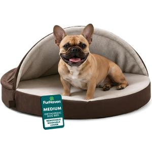 FurHaven Round Orthopedic Dog Bed for Medium Dogs, Egg Crate with a Solid Orthopedic Foam Base with Attached Blanket Hood and Removable Washable Cover, Medium, Sherpa & Suede Snuggery, Espresso