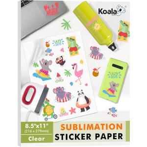 Koala Sublimation Sticker Paper 100% Transparent Waterproof Vinyl 8.5x11 inch 25 Sheets, Quick Dry Vivid Colors Holds Ink Well