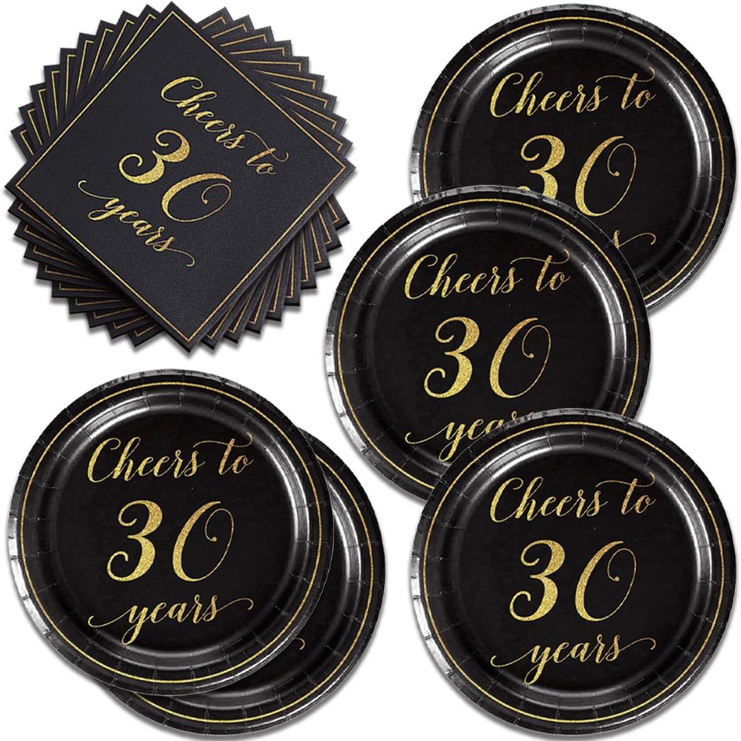 30th Birthday Party Supplies for Women and Men - 40pcs Plates Napkins 30th party tableware Set Black and Gold Party Decorations (J), regular