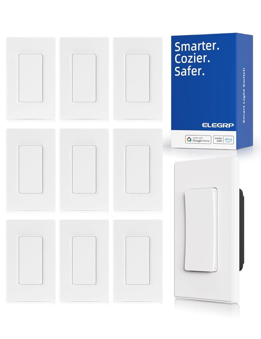ELEGRP Smart Light Switch, 2.4GHz Wi-Fi Light Switch Compatible with Alexa & Google Assistant, Neutral Wire Required, APP Control and Timer Schedule, UL Certified, Single Pole/3 Way, White, 10 Pack ELEGRP Smart Light Switch, 2.4GHz Wi-Fi Light Switch Compatible with Alexa & Google Assistant, Neutral Wire Required, APP Control and Timer Schedule, UL Certified, Single Pole/3 Way, White, 10 Pack