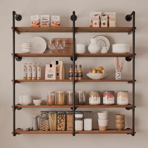 Industrial Pipe Shelf 5 Tier,60 inch Industrial Wall Shelves with Solid Wood Plank,Pipe Shelving Wall Mounted for Farmhouse,Floating Pipe Book Shelves for Kitchen and Bar Shelving (Brown)