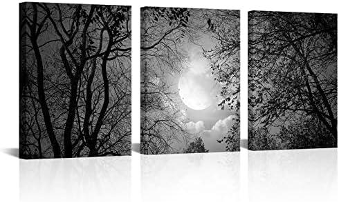 Visual Art Decor Black and White Full Moon Forest Trees Picture Goth Room Decor Canvas Wall Art Framed Artwork Gothic Home Decor Living Room Bedroom Home Office Decoration 3 Piece