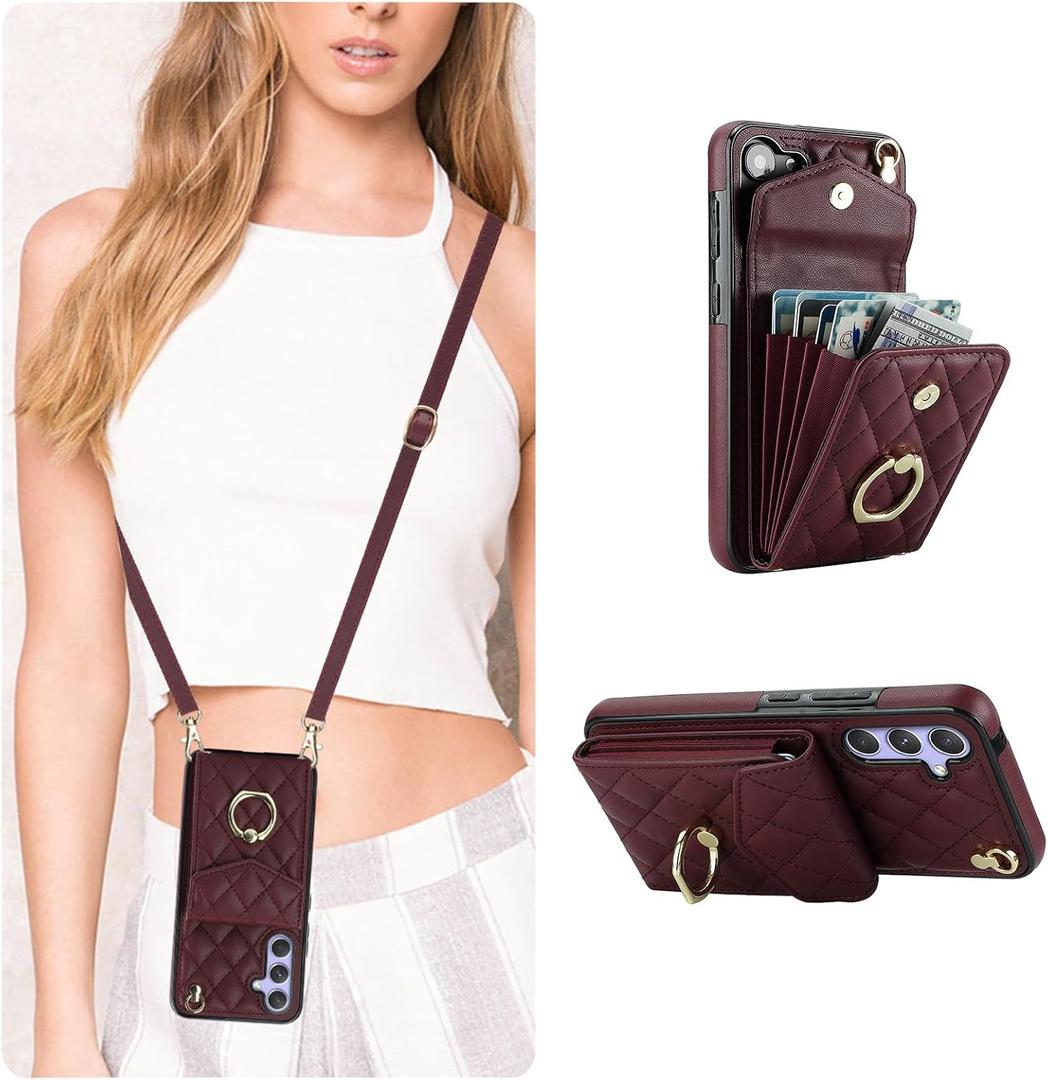QLTYPRI Crossbody Wallet Case for Samsung Galaxy A16 4G/5G, PU Leather Phone Case with RFID Blocking Card Slots Holder Ring Kickstand Wrist Strap Lanyard Handbag Purse Cover for Samsung A16 - Wine Red