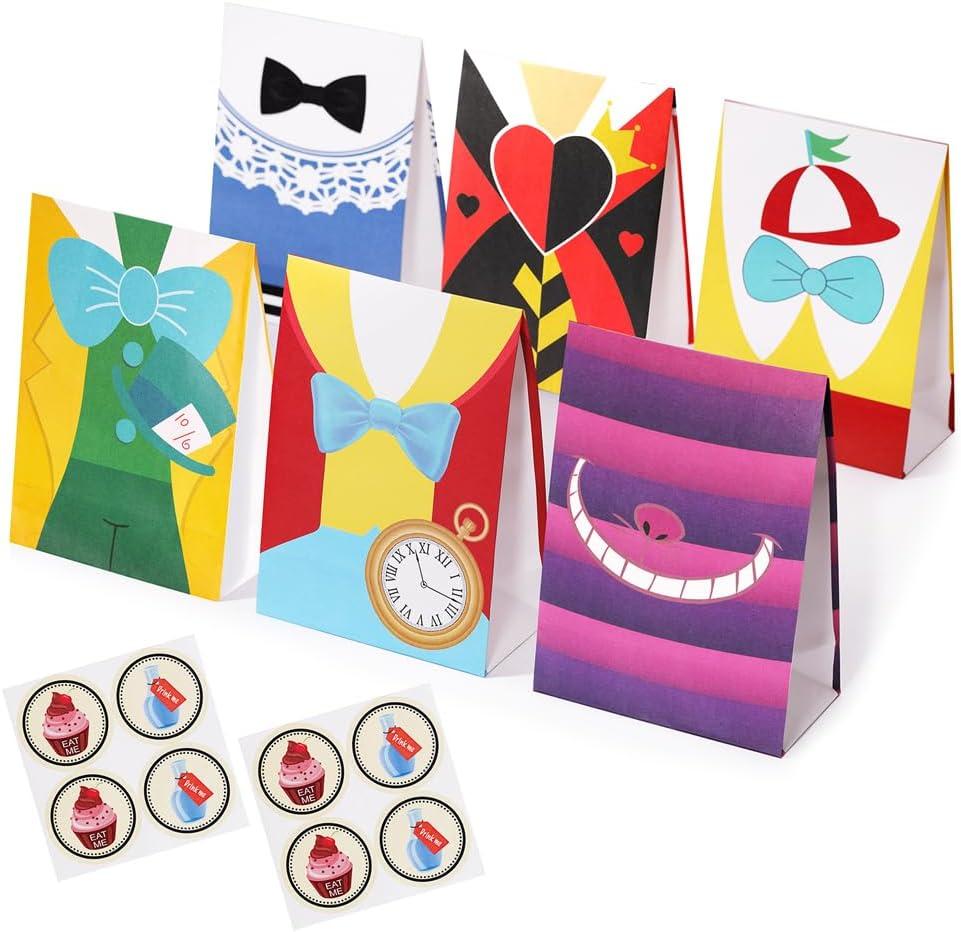 Tvorvik Alice in Wonderland Party Gift Bags, 24 Pack Alice in Wonderland Party Favor Bags with Stickers, Alice in Wonderland Party Bag, Alice Party Supplies for Alice in Wonderland Party Decorations
