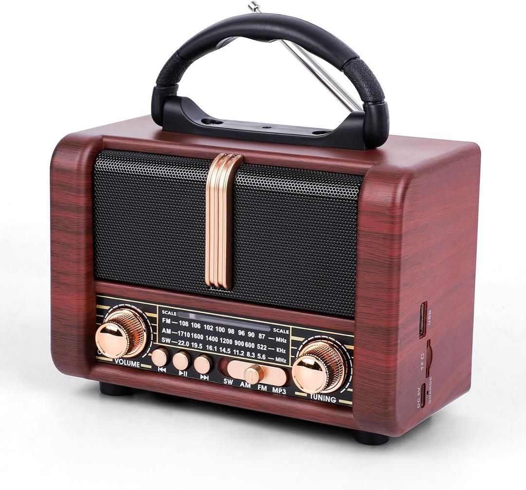 Retro Portable Radio AM FM SW 3 Band,USB Charging, Shortwave Radio with Bluetooth Speaker,TF Card (Brown)