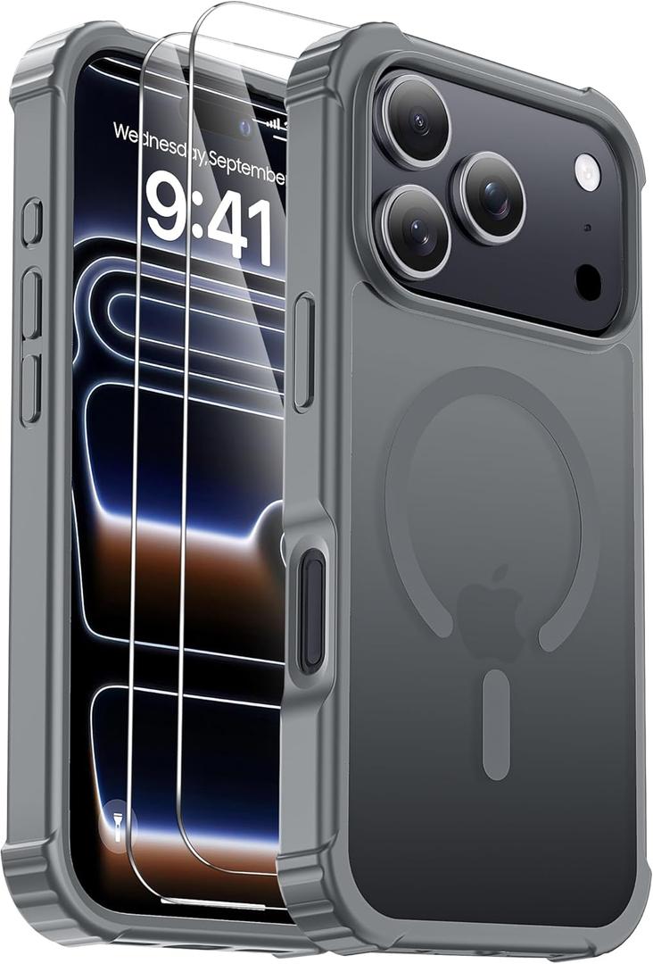 for iPhone 17 Pro Case [Compatible with MagSafe] [2X Screen Protectors][Military Grade Drop Tested] Heavy Duty Magnetic Phone Case for iPhone 17 Pro 6.3",Gray