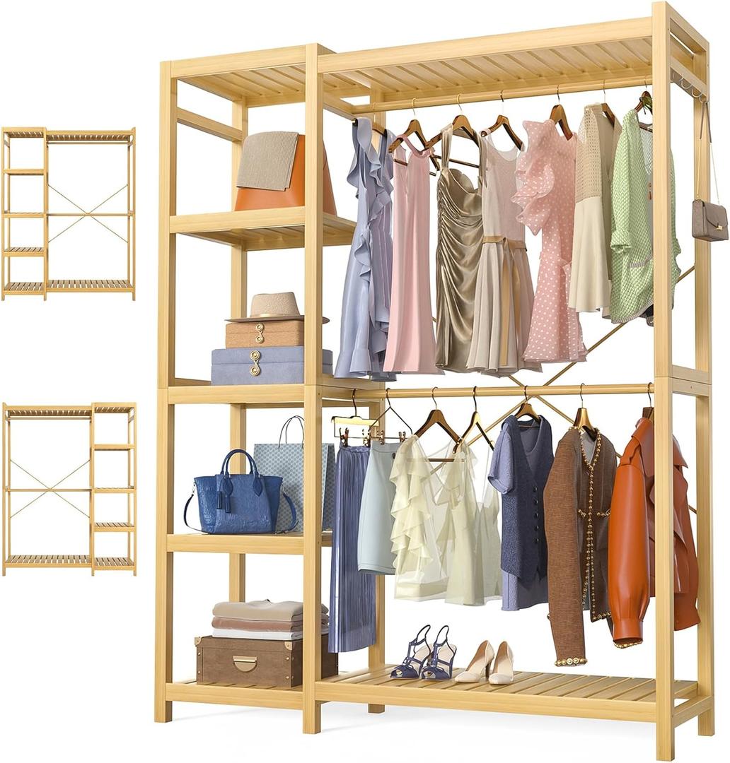 Homykic Bamboo Clothes Rack Garment Rack for Hanging Clothes, Heavy Duty Clothing Rack with 7 Tiers Adjustable Shelves, Double Rods, 4 Hooks, Freestanding Closet System Organizer Wardrobe, Natural (II Medium)