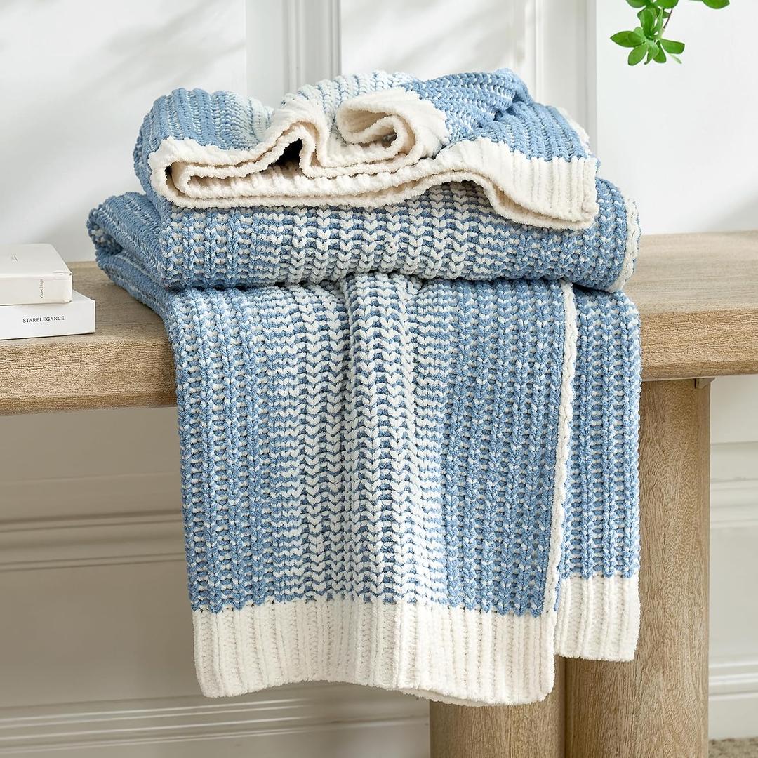 Amlie Home Premium Chenille Throw Blanket, Soft Cozy Luxury Two-Tone Knit Blanket for Couch, Sofa, Chair, Home Decor, Blue & Ivory 50"x60"