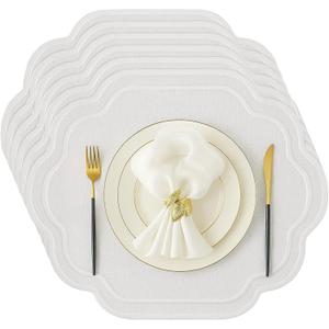 Breling Set of 6 Wedding Placemats Scalloped Embroidered Cotton Linen Placemats 17" x 13" Double Layered Machine Washable Table Place Mat for Party Table Decor(White)