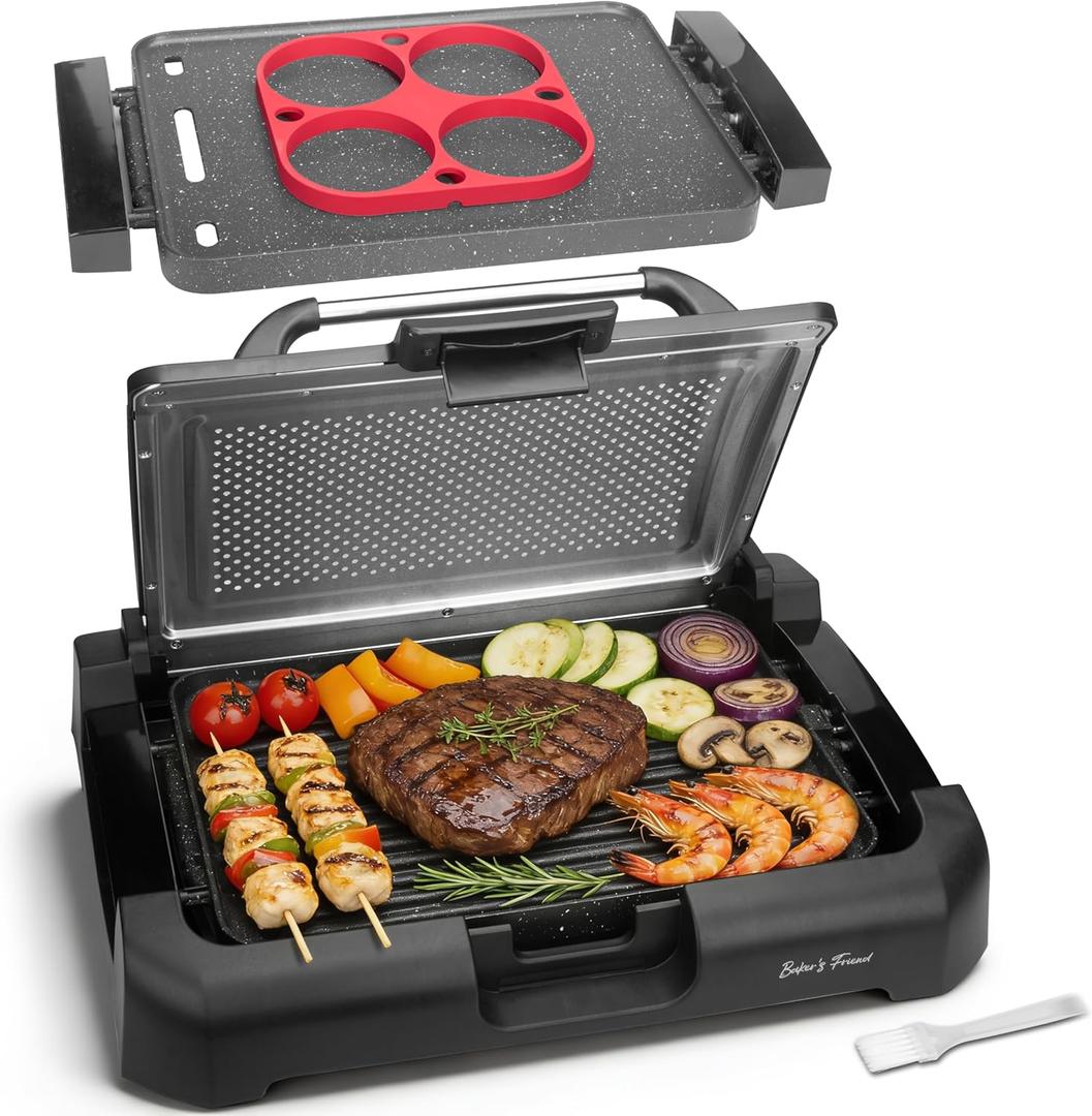 Bakers Friend Indoor Searing Grill & Griddle, Electric Griddle with 2 in 1 Indoor Grill and Griddle Plate Indoor Grill with Removable Plate & Lid, Silicone Mold, Dishwasher Safe, Graphite