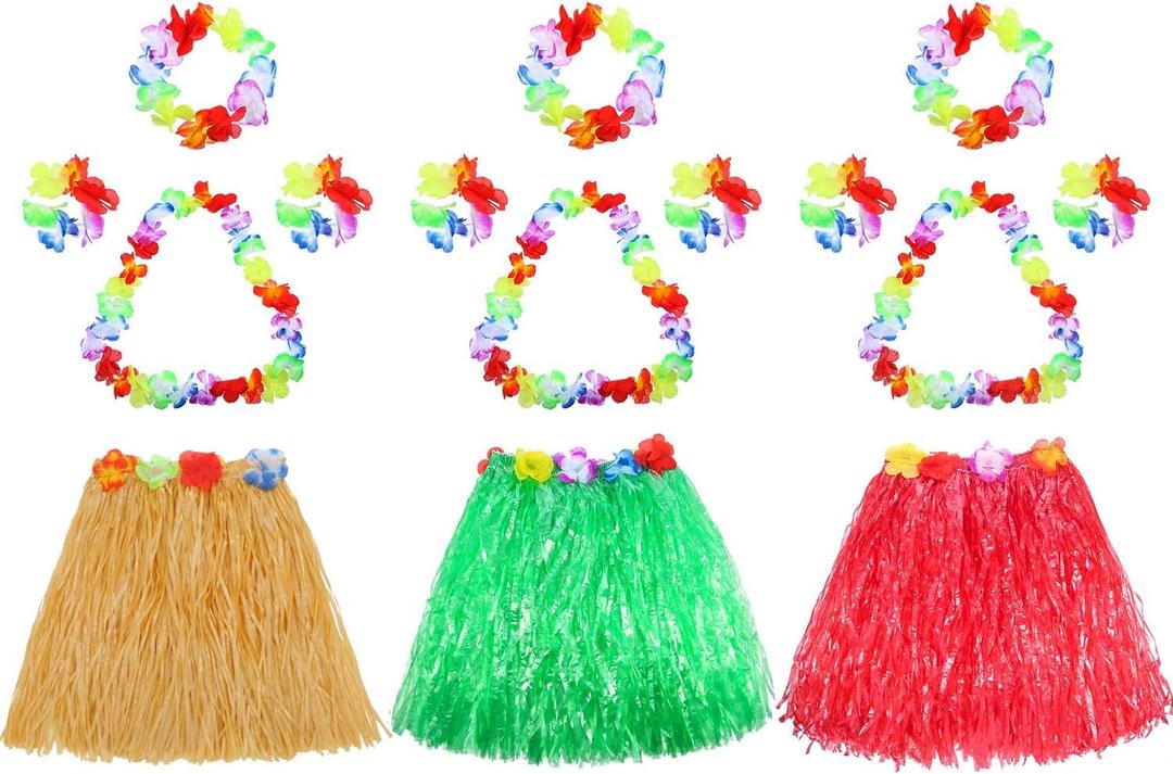 3 Set Grass Skirts for Kids Girls Elastic Hawaiian Hula Dancer Grass Skirt with Flower Leis for Luau Party Costume Set (Multicoloured)