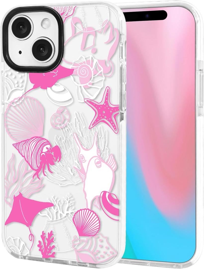 ChiCsFleur for iPhone 13 / iPhone 14 Case, TPU Phone case with Camera Protection for Women Girls Teens - Pink Preppy Sea Manta Y2K Shell Starfish Elegant Coral Ocean Gift Aesthetic Unique