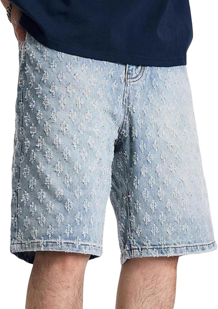 Y2k Ripped Jeans Shorts Mens Wide Leg Distressed Denim Shorts Baggy Bermuda Jeans Streetwear Jorts (Medium, Blue)