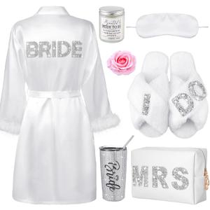 9 Pcs Rhinestone Bridal Shower Gift Set Include Box 20 oz Tumbler Slippers Bride Robe Makeup Bag Scented Candle Blindfold 2 Artificial Rose for Bachelorette Wedding Party Gift