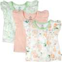 HonestBaby Baby 3 Pack Sleevelss Ruffle Shoulder Tops 100% Organic Cotton for Baby Girls (5T, White Peach Blossom Floral)