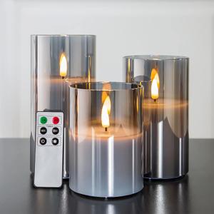 Eywamage Smoke Grey Glass Flameless Candles with Remote, Flickering Battery Operated LED Pillar Candles Set of 3 (Gray)