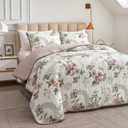 Flysheep 3 Pieces Quilt Set Full/Queen Size, Beige Floral Reversible Bedspread Coverlet Set, Soft Microfiber Lightweight Bed Cover for All Season (90" x 90", 1 Quilt+ 2 Pillow Shams)