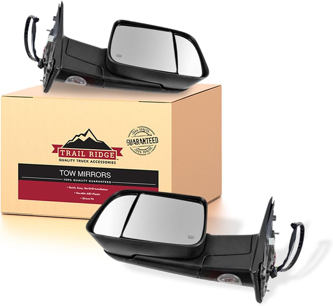 Trail Ridge Towing Mirror Set 2 Piece Power Folding Heated Turn Signal Textured Flip Up Puddle Light Temperature Sensor Compatible with 2013-2018 Ram 1500 2500 3500