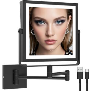 Ruacq Rechargeable Wall Mounted Makeup Mirror with Lights, Double Sided 1X/10X Magnifying Vanity Mirror with 3 Color Lighting, Touch Screen Dimmable, 360 Rotation Extension Foldable Arm(Matte Black)