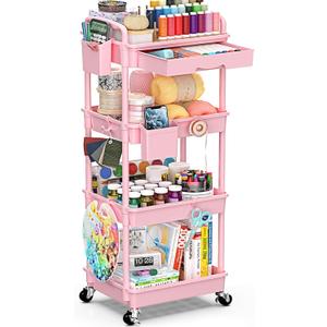 SUNALLY 4 Tier Rolling Utility Cart with Drawer, Storage Organizer Cart with 2 Lockable Wheels, Multifunctional Rolling Storage Cart for Bathroom, Kitchen, Craft, Makeup, Baby Essentials, Pink