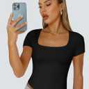 Trendy Queen Double Lined Short Sleeve Tshirts for Women Square Neck Cute Crop Top Spring Summer Basic Tees Workout Going Out, Size S (Black)