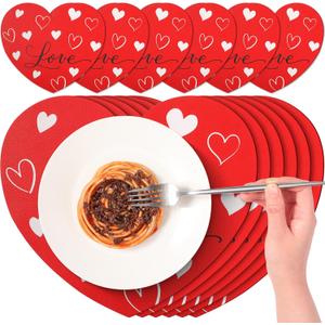Remerry 6 Pcs Valentine's Day Heart Placemats Love Leather Place Mats Red Heart Shaped Tablemats Waterproof Leather Washable Kitchen Mats for Party Decoration Kitchen Dining Table