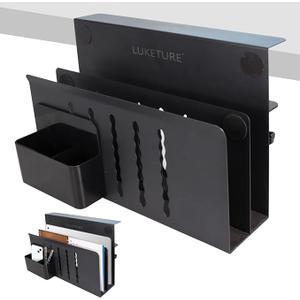 LUKETURE Desk Side Storage, 2 Tier Steel Side Desk Organizer, No Drill Laptop Holder, Clamp on Laptop Mount with Pen Holder, Fits Flat Edge Tables 0.3" to 2.8" (Black, L(2 Tier))